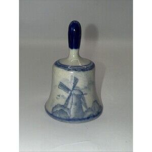 Mini Ceramic Blue and White Bell with Windmill on it Pictured